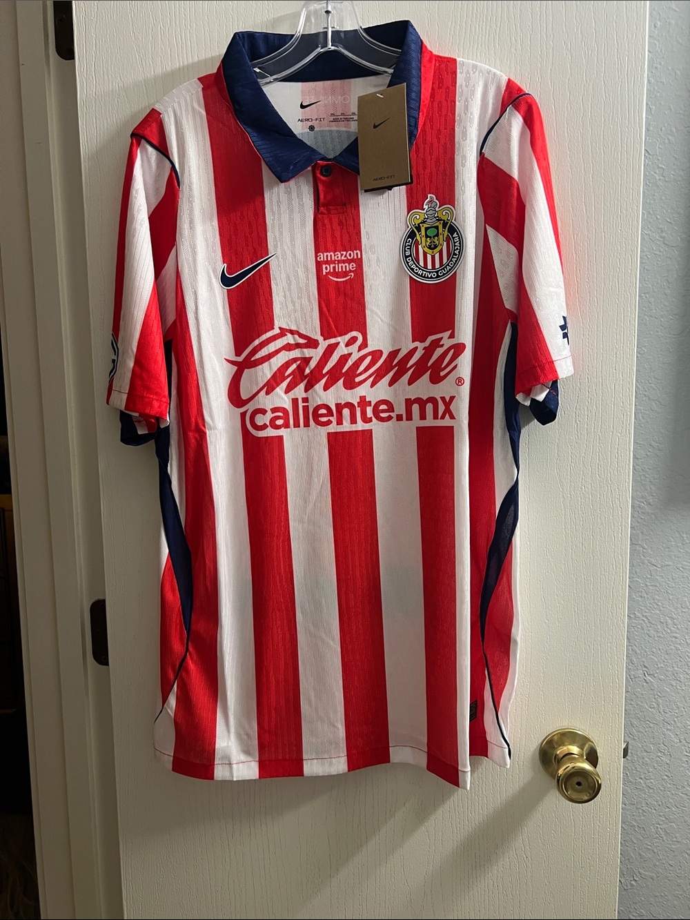 Nike Red & White Striped Soccer Jersey with Navy Collar